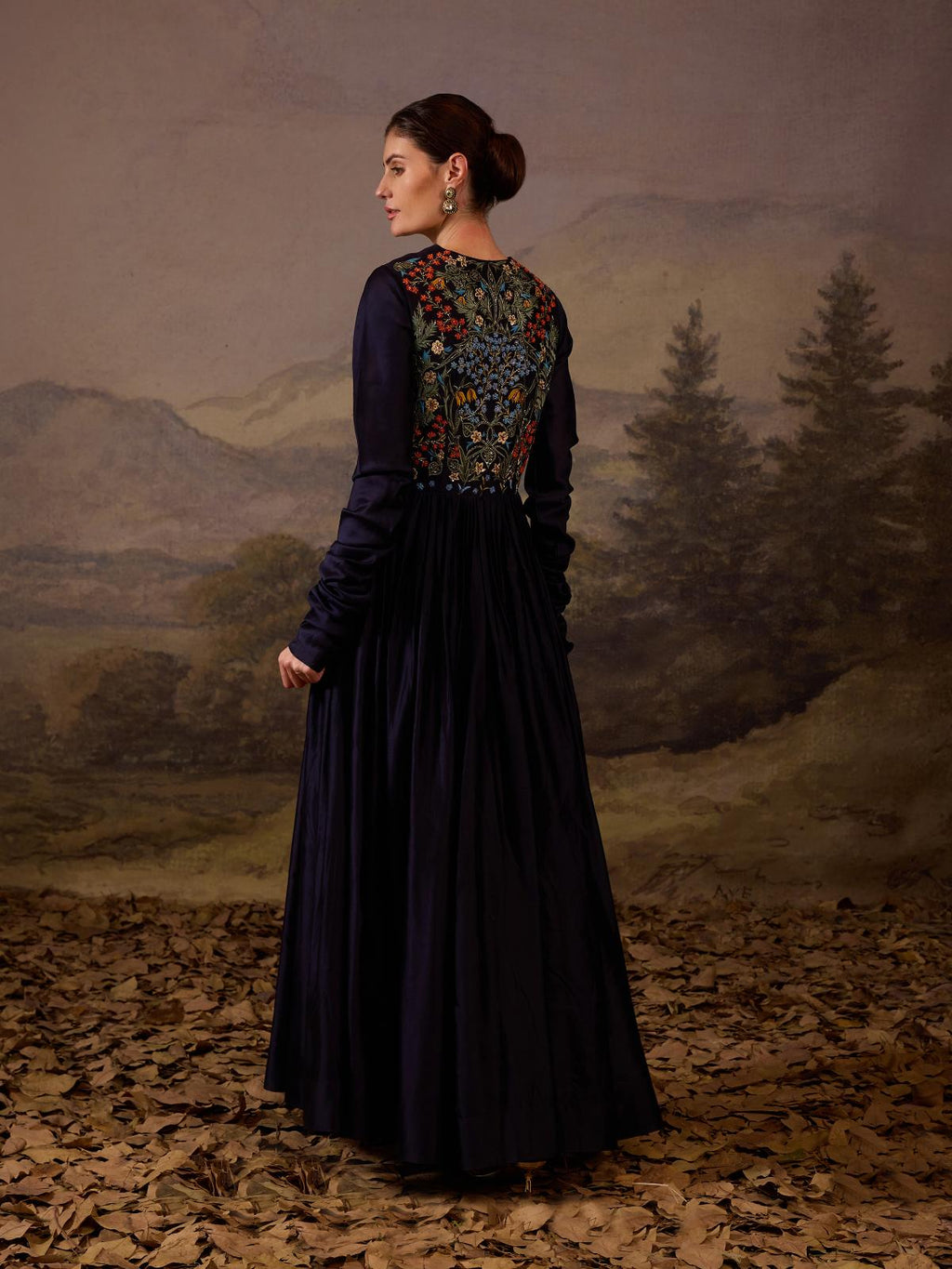 A blue gown with intricate floral embroidery on the bodice - samantchauhan Apparel & Accessories