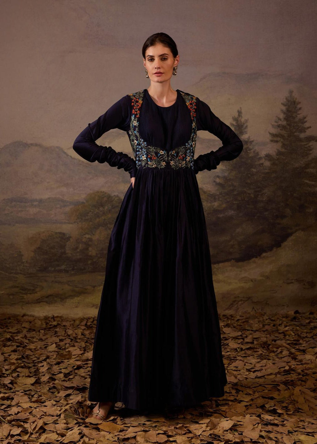 A blue gown with intricate floral embroidery on the bodice - samantchauhan Apparel & Accessories