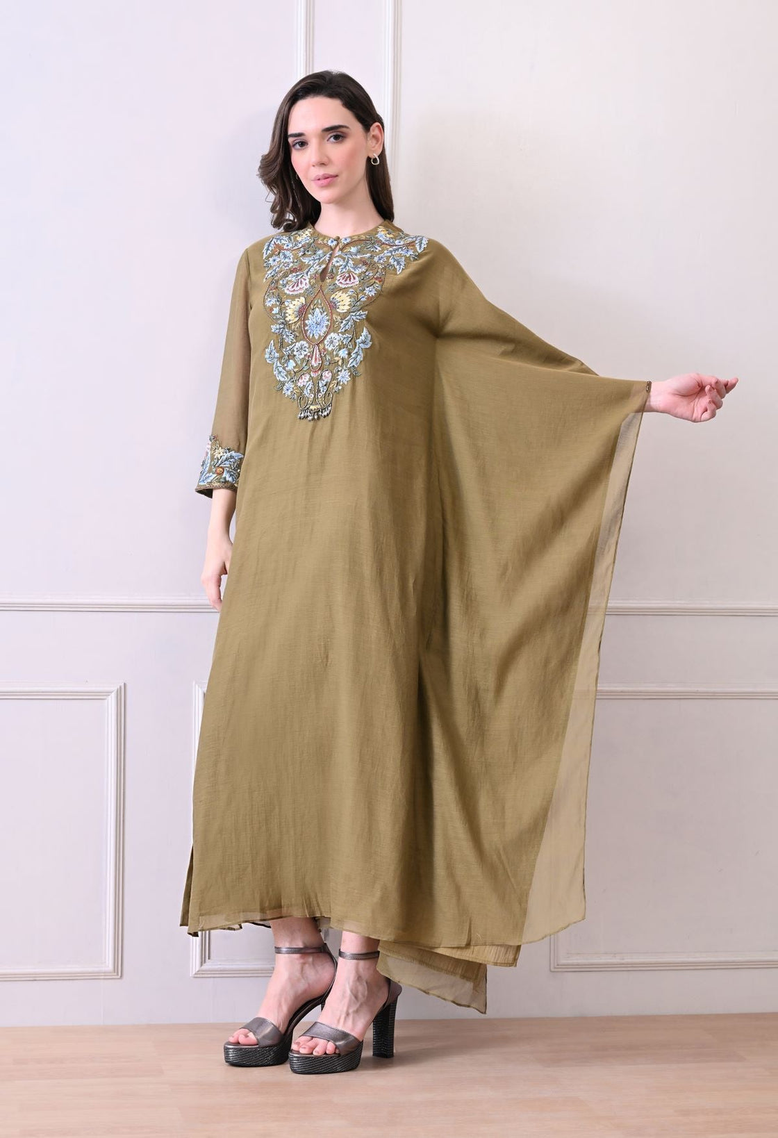 A comfortable yet elegant olive kaftan - style dress - samantchauhan Apparel & Accessories