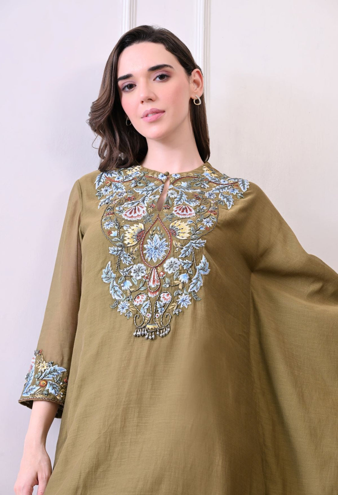 A comfortable yet elegant olive kaftan - style dress - samantchauhan Apparel & Accessories