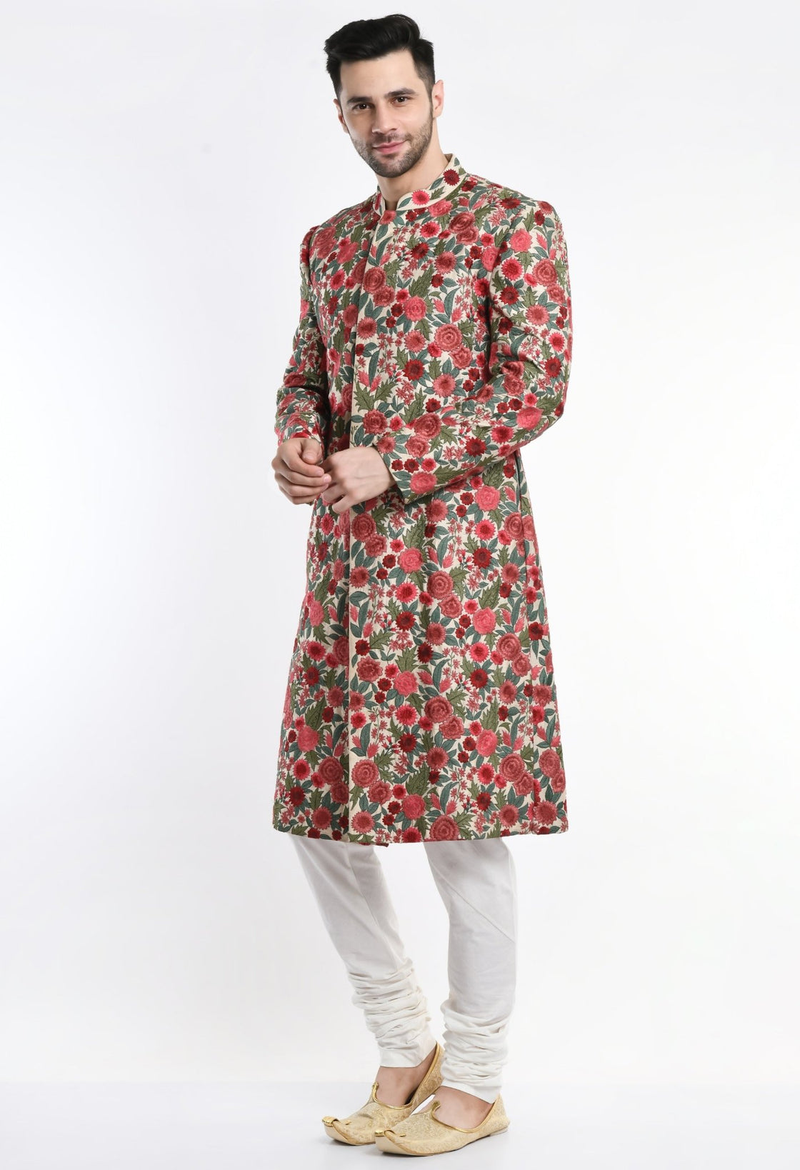 A cotton silk sherwani surfaced with intricate silk yarn embroidery. - samantchauhan Apparel & Accessories