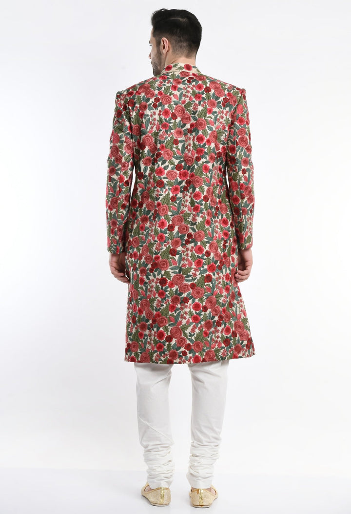 A cotton silk sherwani surfaced with intricate silk yarn embroidery. - samantchauhan Apparel &amp; Accessories
