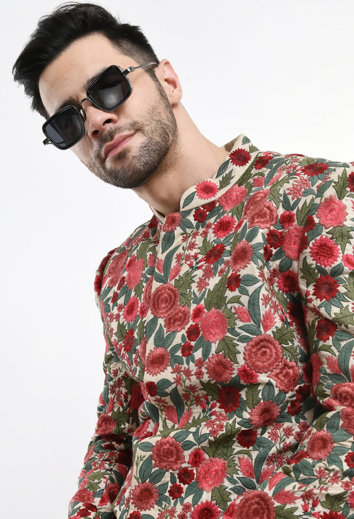 A cotton silk sherwani surfaced with intricate silk yarn embroidery. - samantchauhan Apparel &amp; Accessories