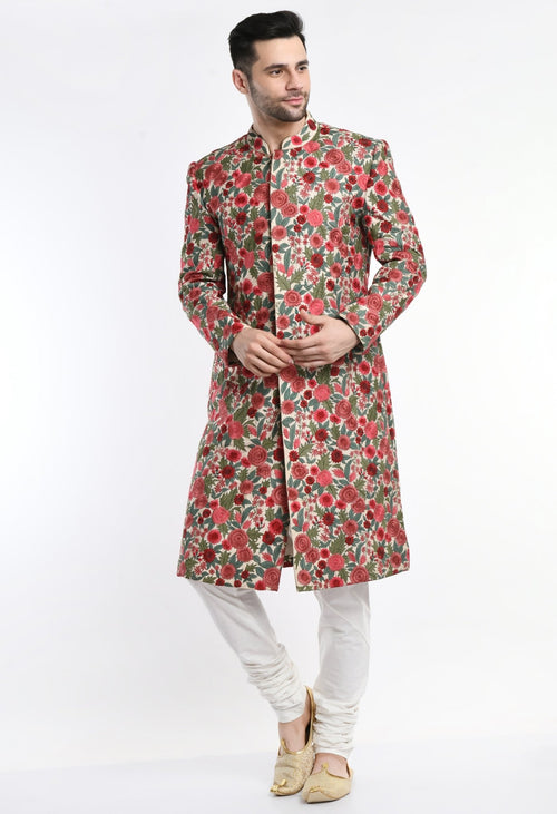A cotton silk sherwani surfaced with intricate silk yarn embroidery. - samantchauhan Apparel & Accessories