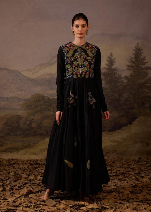 A elegant black floor-length anarkali-style dress.