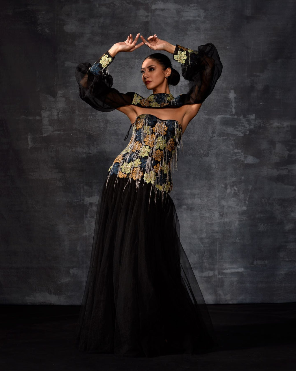 A elegant black off - shoulder gown features a dramatic sleeve top - samantchauhan Apparel & Accessories