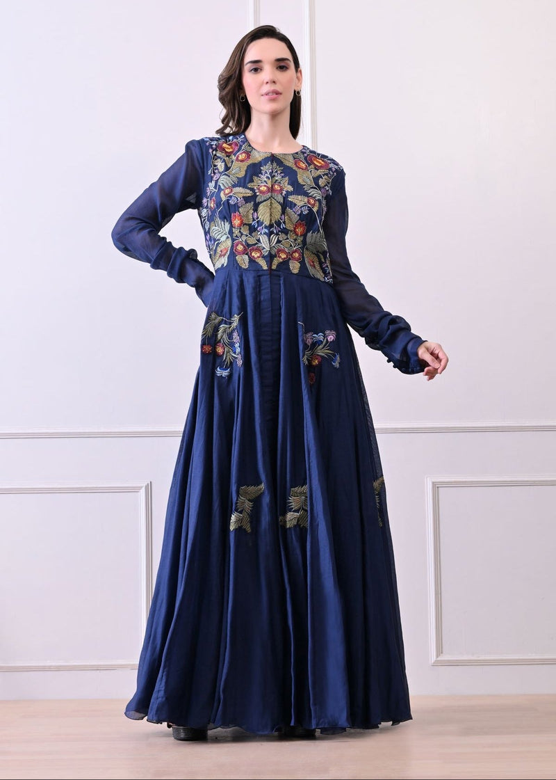 long frock anarkali dress A Elegant Blue Floor-Length Anarkali-Style _related_foxgloves Color:Blush* Long Ball Gown Quinceañera Digital Printed Jimmy Organza