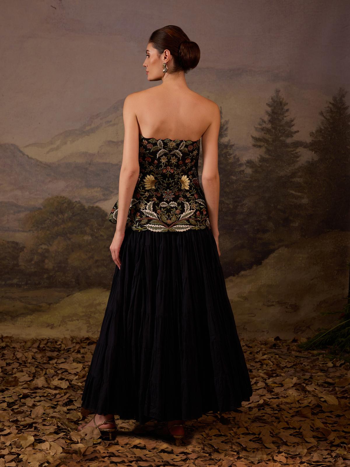 A elegant ensemble features a strapless corset embroidered with floral motif - samantchauhan Apparel & Accessories