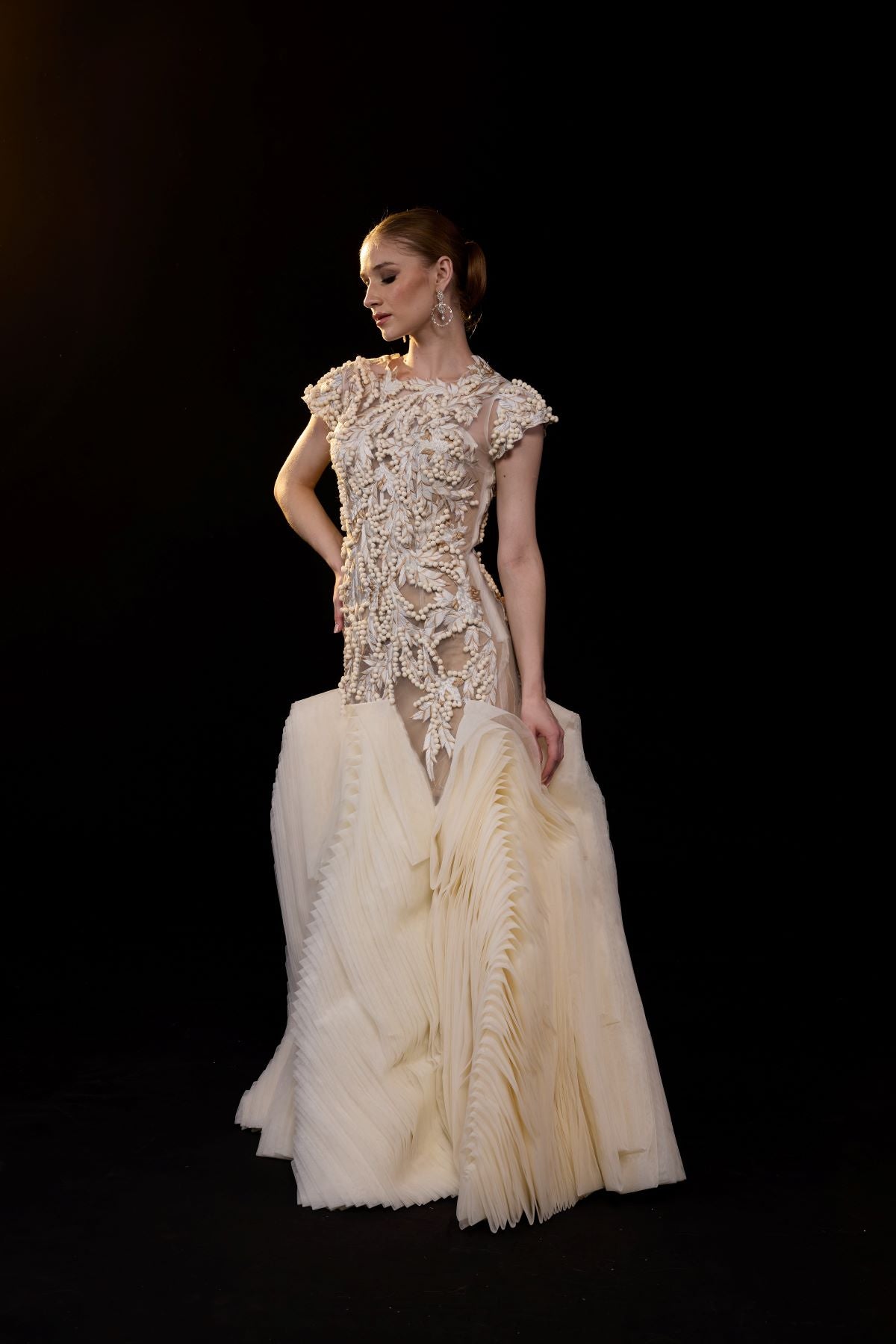A elegant gown features a sheer, cap - sleeve bodice adorned with intricate 3D floral embellishment - samantchauhan Apparel & Accessories