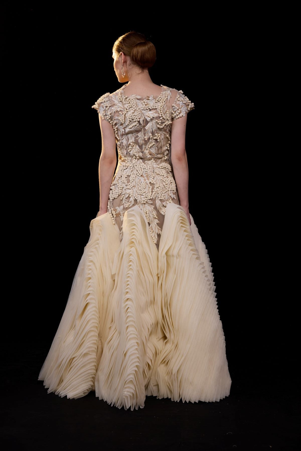 A elegant gown features a sheer, cap - sleeve bodice adorned with intricate 3D floral embellishment - samantchauhan Apparel & Accessories