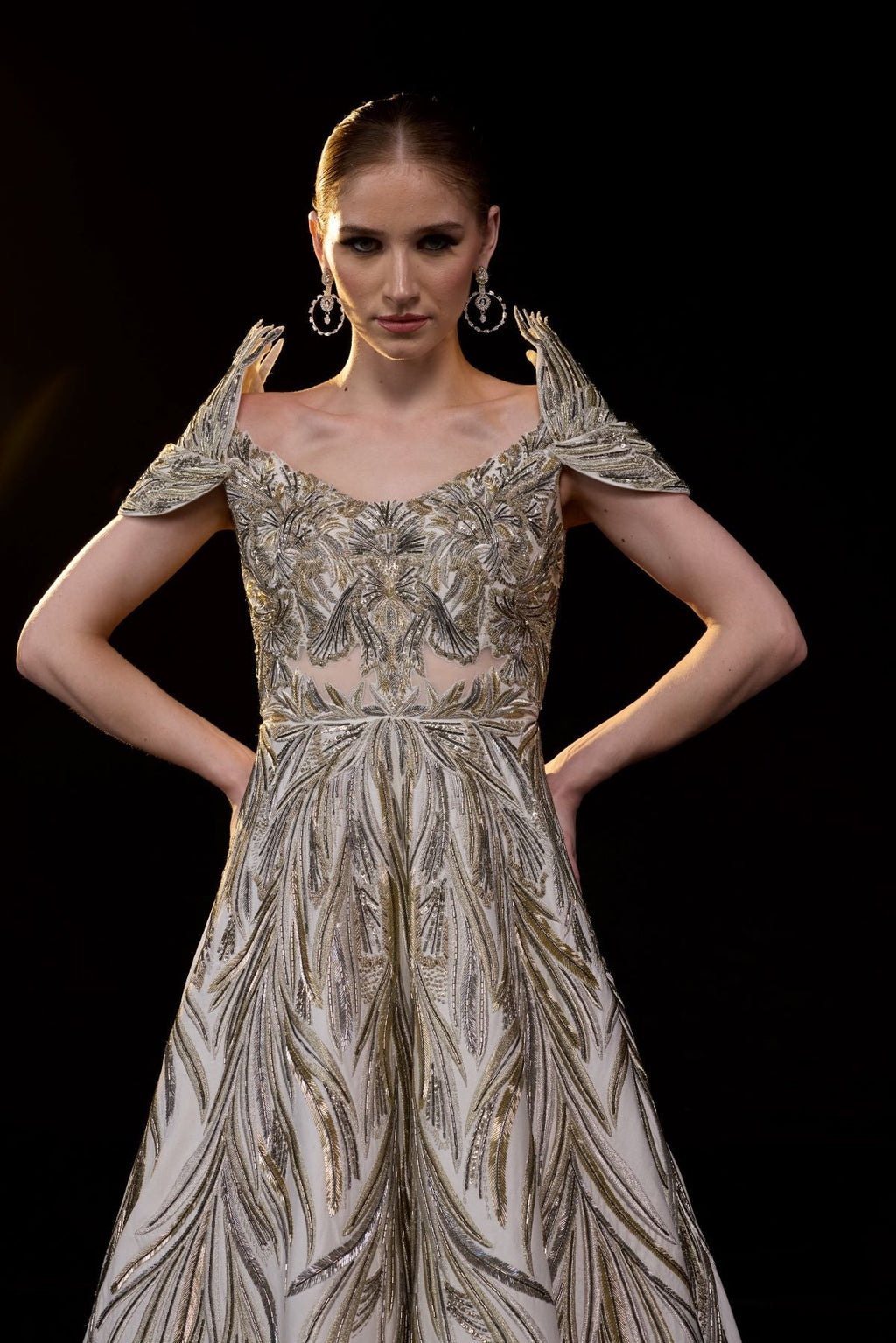 A elegant gown features an off - shoulder design with structured sleeves - samantchauhan Apparel & Accessories