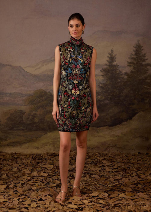 A elegant high-neck multicolored floral mini dress.