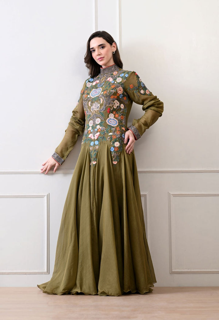 A elegant olive floor - length anarkali - style dress - samantchauhan Apparel &amp; Accessories