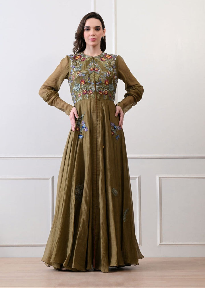 A elegant olive floor - length anarkali - style dress - samantchauhan Apparel &amp; Accessories
