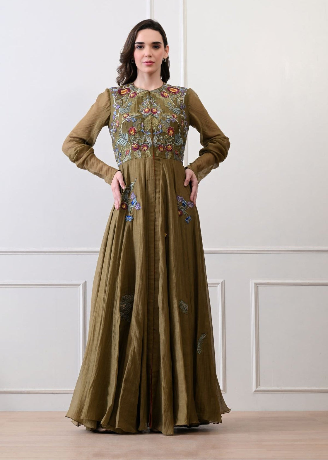 A elegant olive floor - length anarkali - style dress - samantchauhan Apparel & Accessories