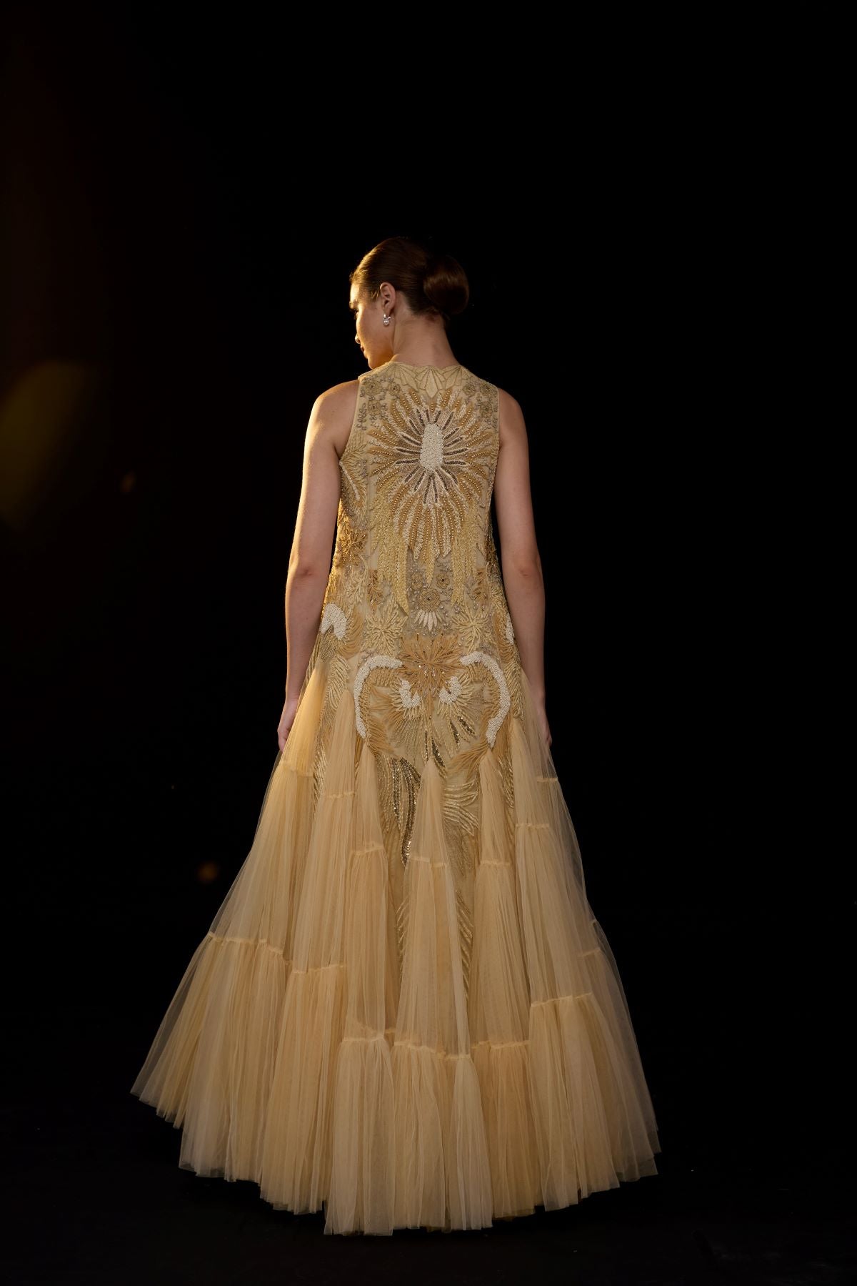A ethereal beige gown features a sleeveless tier ghera - samantchauhan Apparel & Accessories