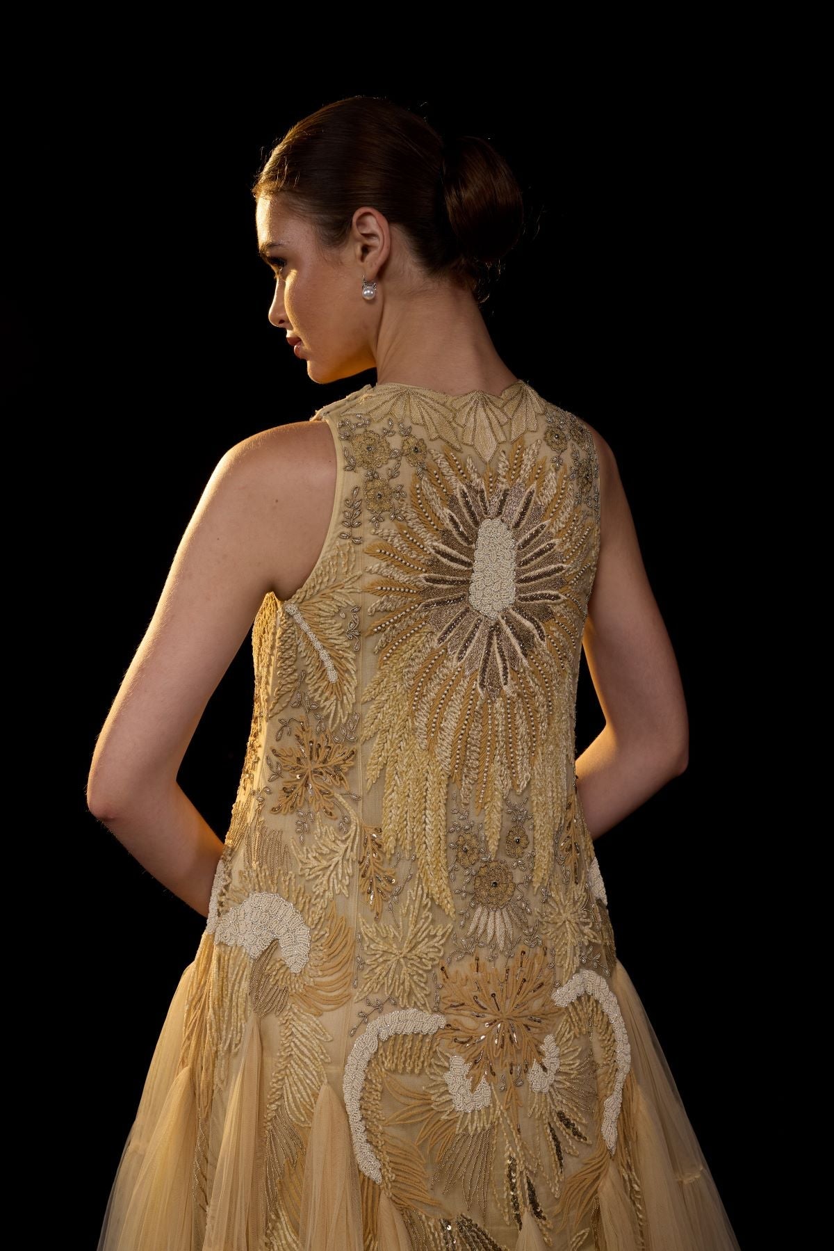A ethereal beige gown features a sleeveless tier ghera - samantchauhan Apparel & Accessories