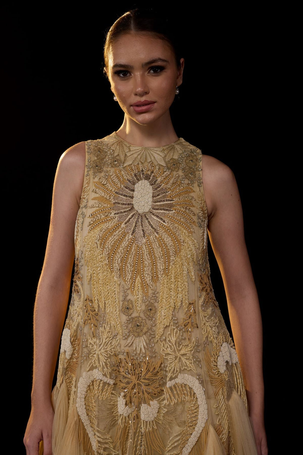 A ethereal beige gown features a sleeveless tier ghera - samantchauhan Apparel & Accessories