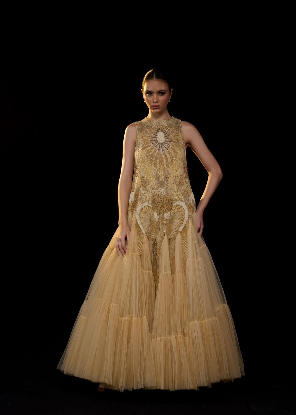 A ethereal beige gown features a sleeveless tier ghera - samantchauhan Apparel & Accessories