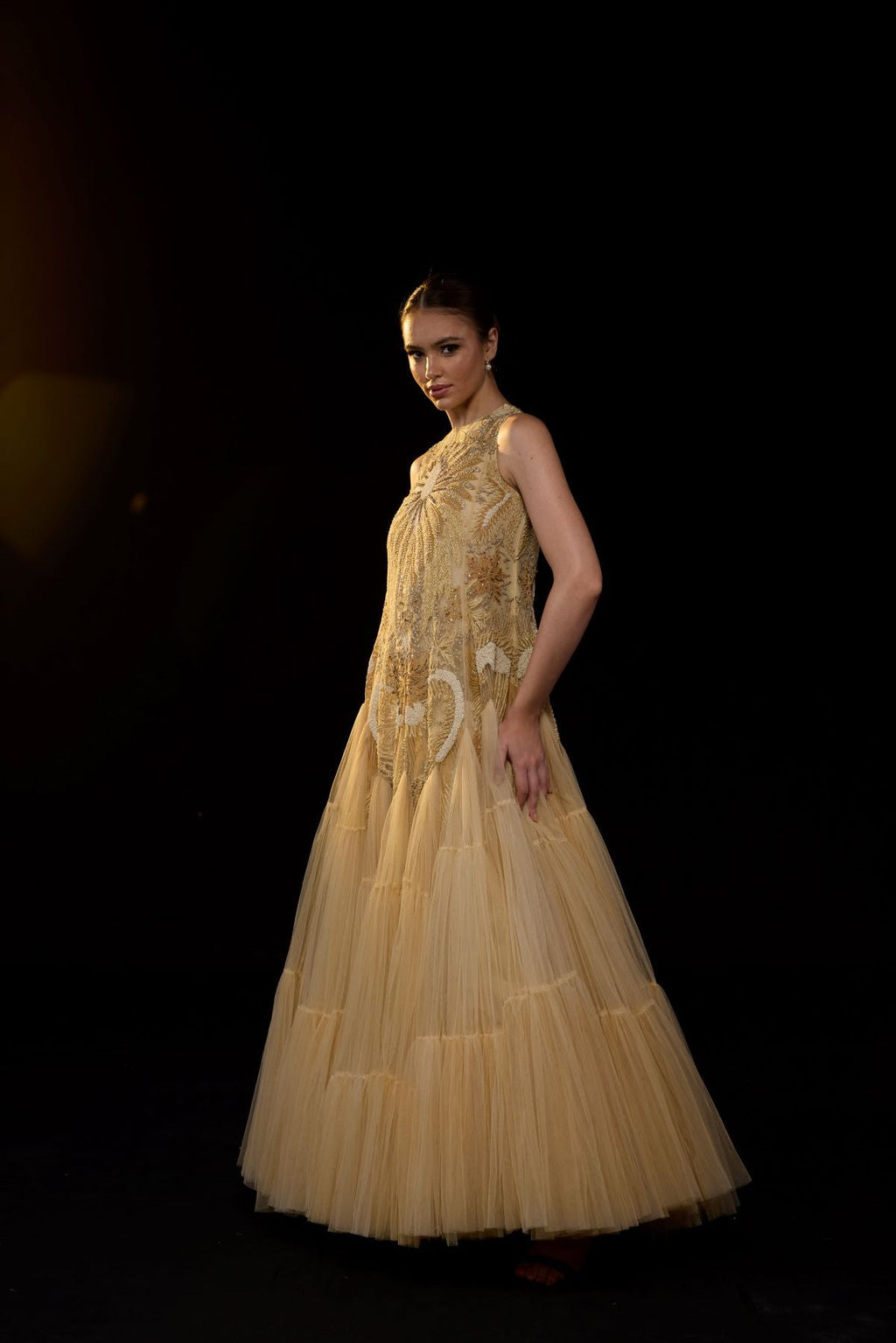 A ethereal beige gown features a sleeveless tier ghera - samantchauhan Apparel & Accessories