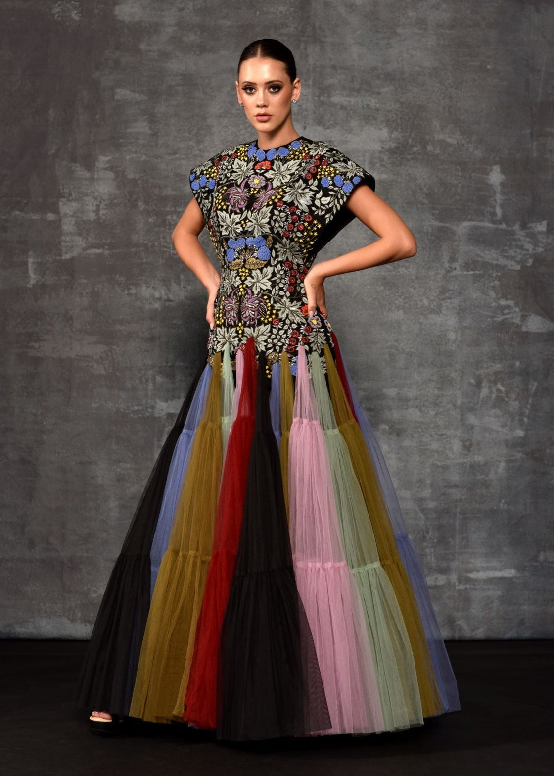 A gown with multi - colored floral and butterfly embroidery - samantchauhan Apparel & Accessories