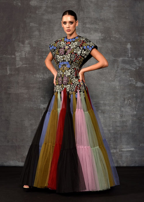 A gown with multi - colored floral and butterfly embroidery - samantchauhan Apparel & Accessories