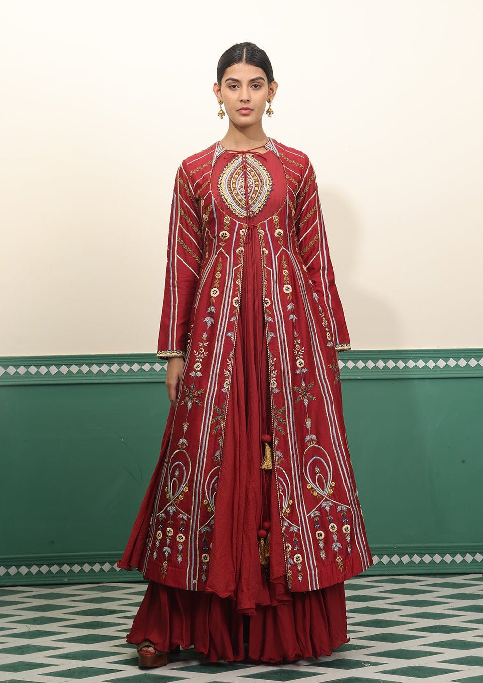 A line front open dress with geometric embroidery - samantchauhan Apparel & Accessories