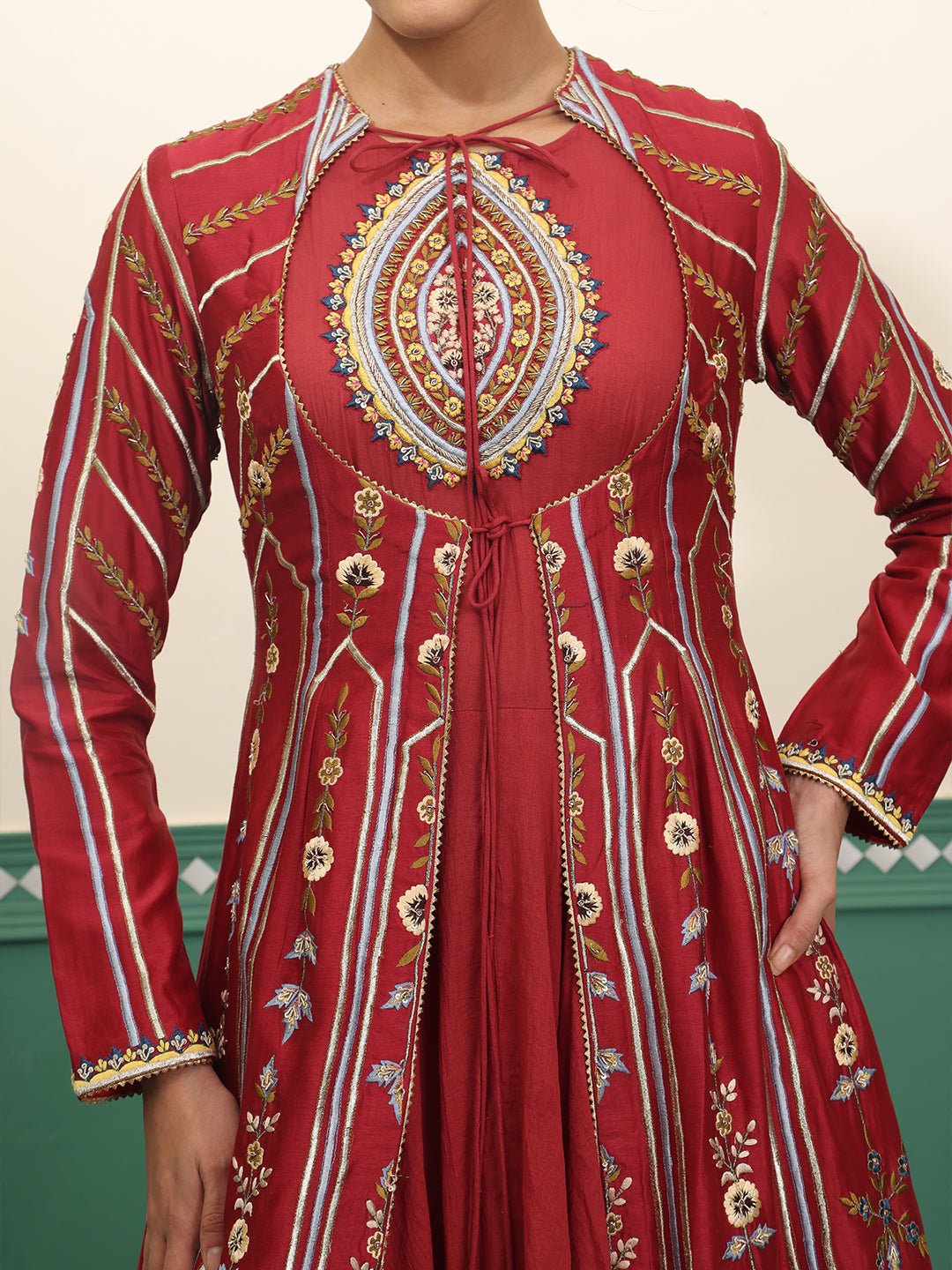 A line front open dress with geometric embroidery - samantchauhan Apparel & Accessories