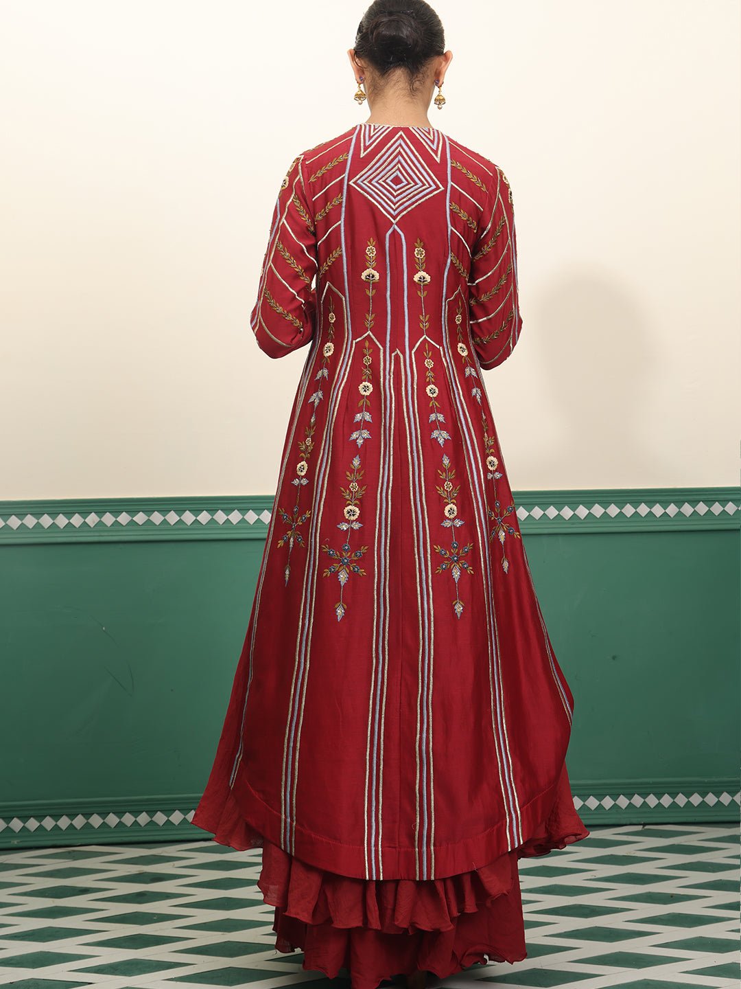 A line front open dress with geometric embroidery - samantchauhan Apparel & Accessories
