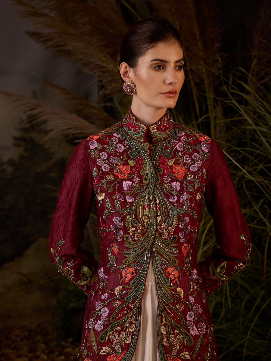 A maroon cotton silk jacket with floor length ruffle dress off - shoulder neck line - samantchauhan Apparel & Accessories