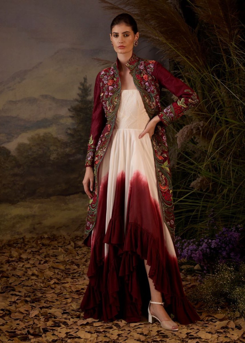 A maroon cotton silk jacket with floor length ruffle dress off - shoulder neck line - samantchauhan Apparel & Accessories