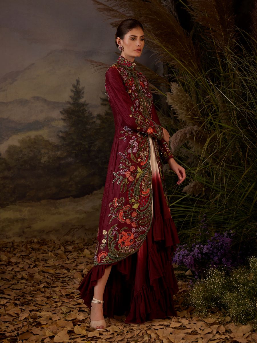 A maroon cotton silk jacket with floor length ruffle dress off - shoulder neck line - samantchauhan Apparel & Accessories