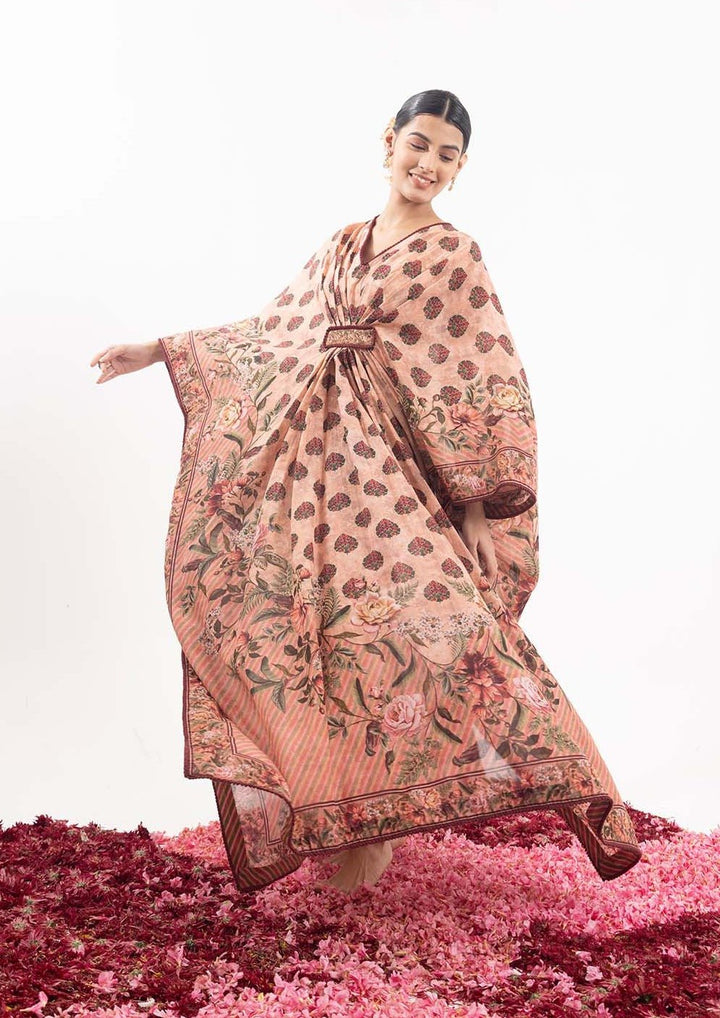 A peach printed cotton silk kaftan - samantchauhan Apparel &amp; Accessories