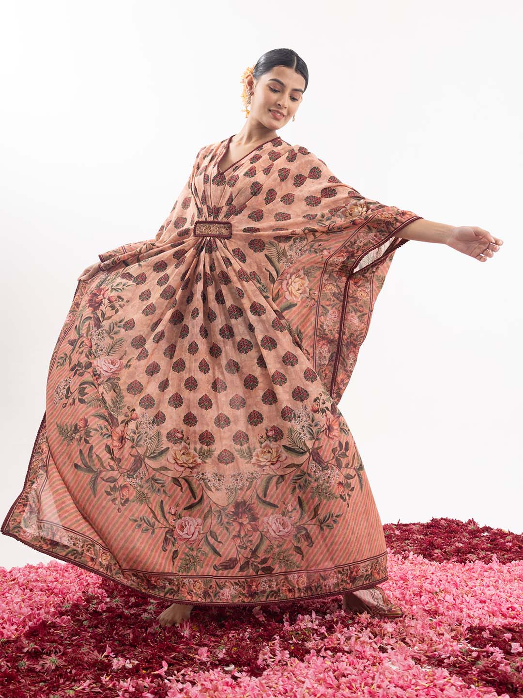 A peach printed cotton silk kaftan - samantchauhan Apparel &amp; Accessories