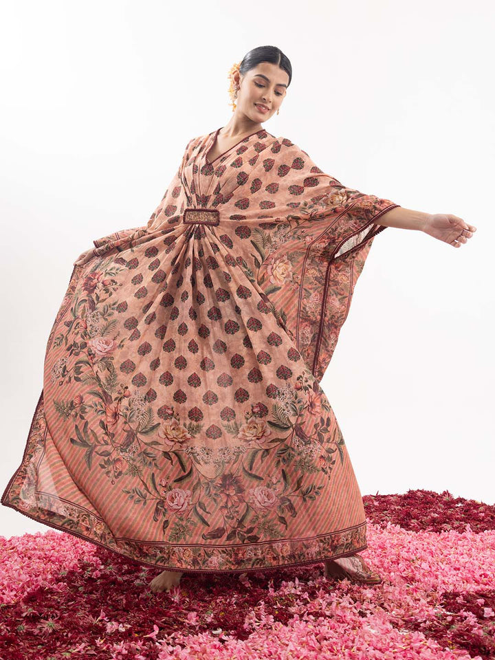 A peach printed cotton silk kaftan - samantchauhan Apparel &amp; Accessories