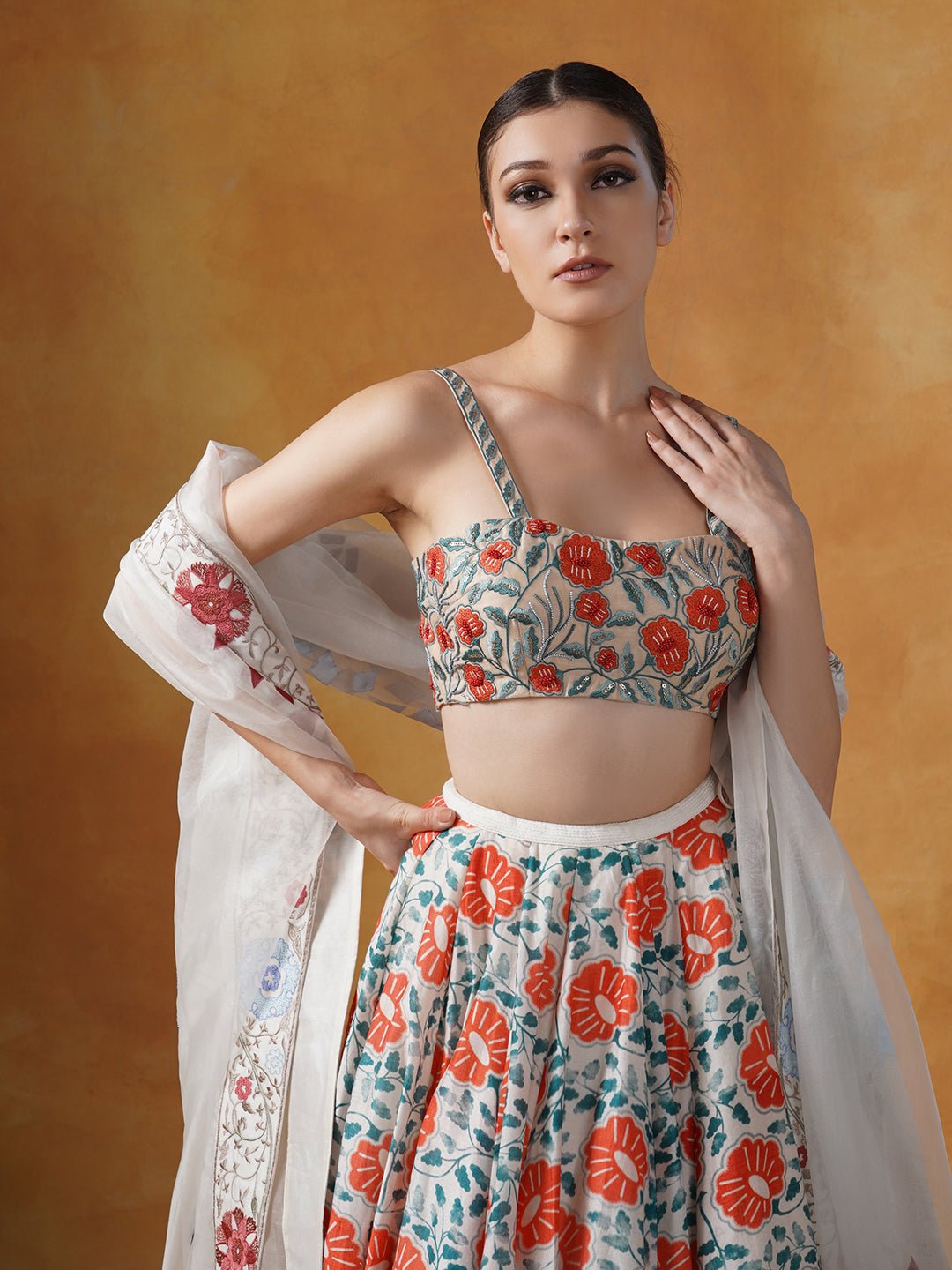 A printed lehenga set with intricately embroidered blouse and organza Dupatta - samantchauhan Apparel &amp; Accessories
