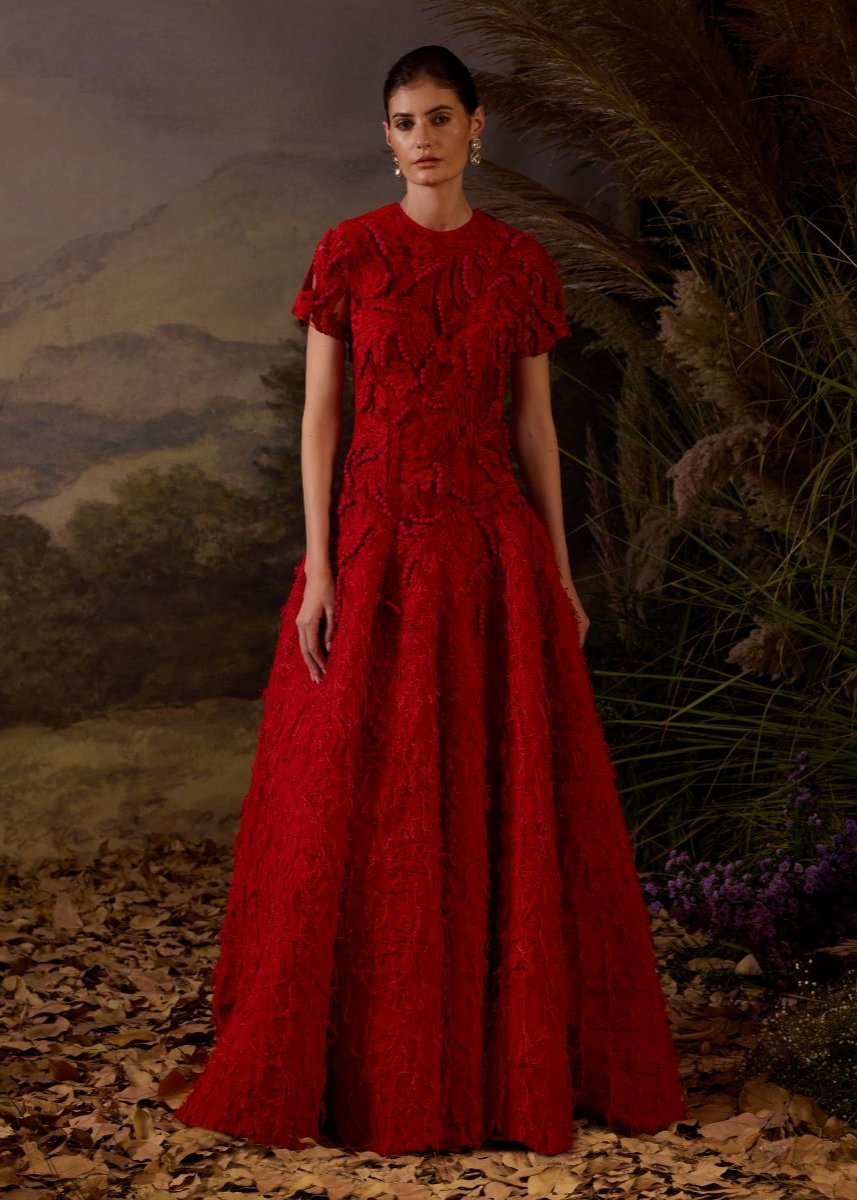 A Red floor length gown Embroidered with tonal silk thread and 3d hand work - samantchauhan Apparel & Accessories