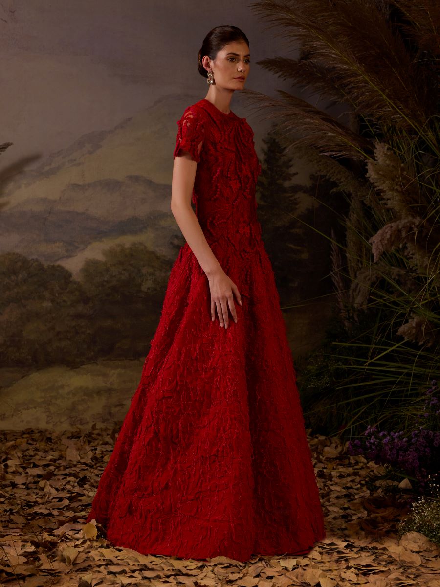 A Red floor length gown Embroidered with tonal silk thread and 3d hand work - samantchauhan Apparel & Accessories