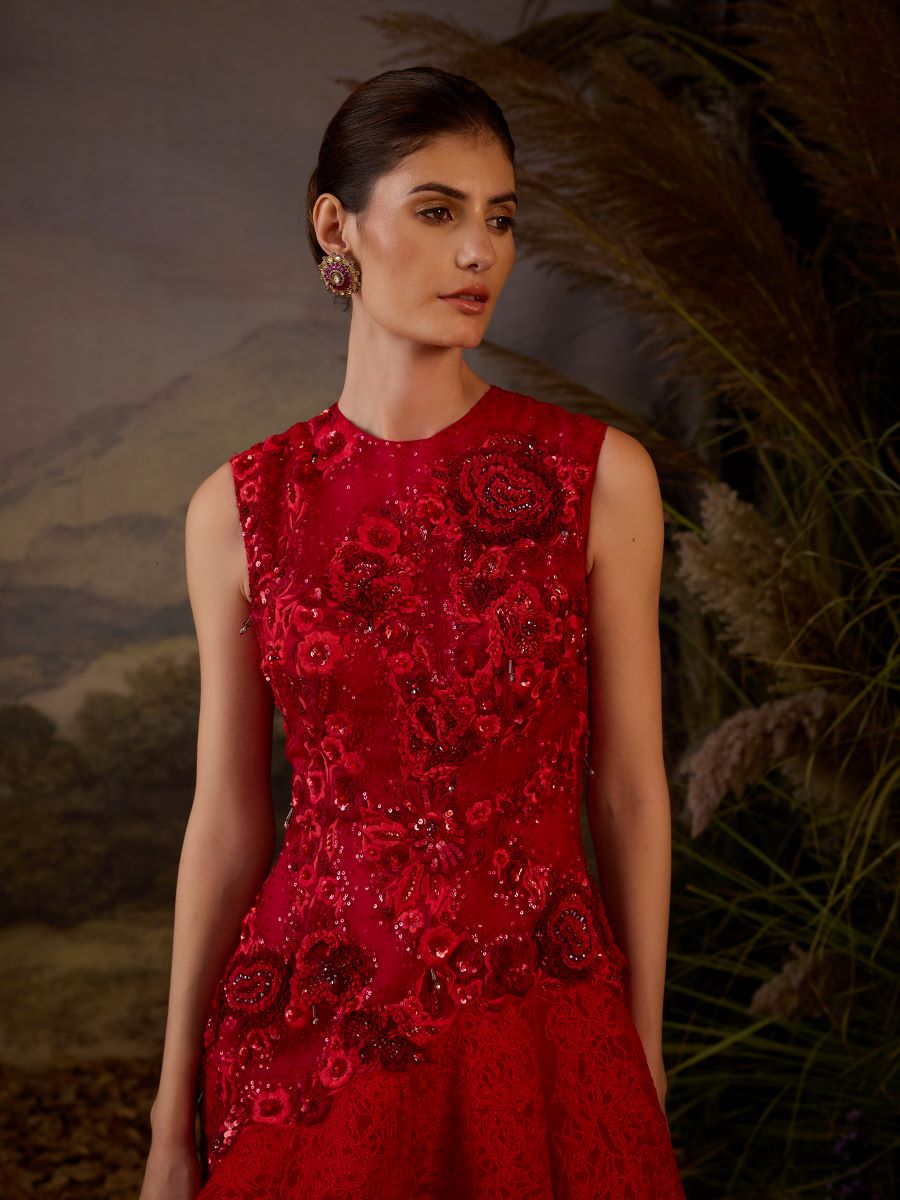 A Red Gown With tonal 3d embrodidery in torso and bottom - samantchauhan Apparel & Accessories