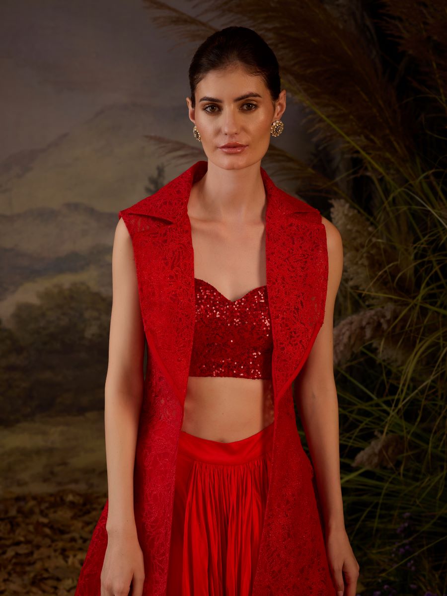 A Red net Texture embroidery jacket and inside tube top with dhoti - samantchauhan Apparel & Accessories
