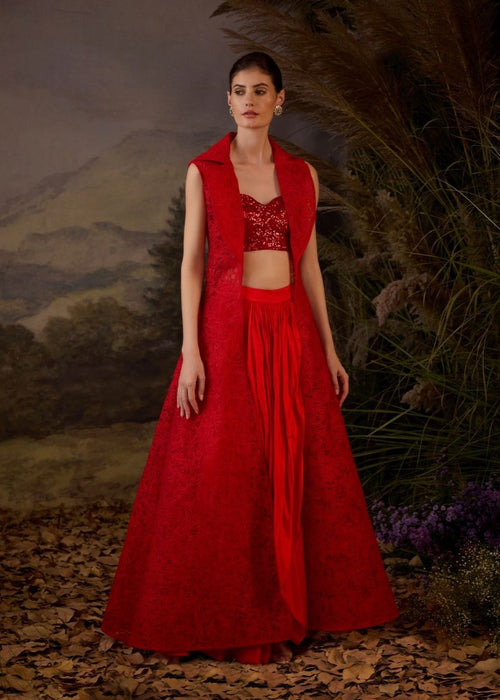 A Red net Texture embroidery jacket and inside tube top with dhoti - samantchauhan Apparel & Accessories