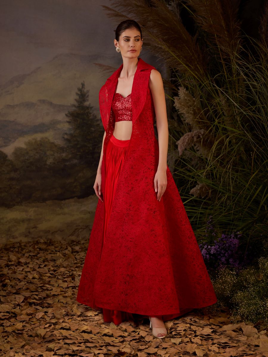 A Red net Texture embroidery jacket and inside tube top with dhoti - samantchauhan Apparel & Accessories