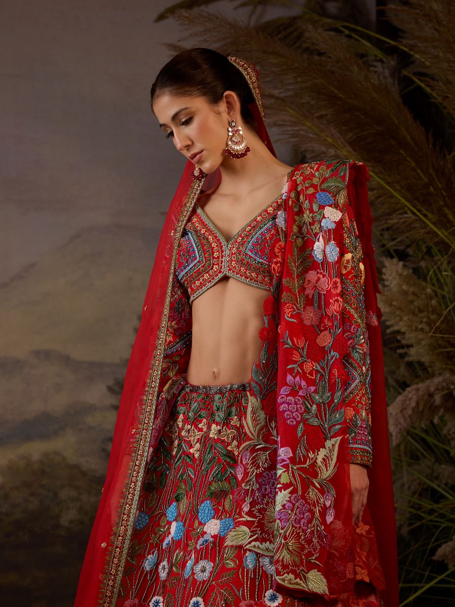 A red organza &amp; cotton silk lengha with v neck line - samantchauhan Apparel &amp; Accessories