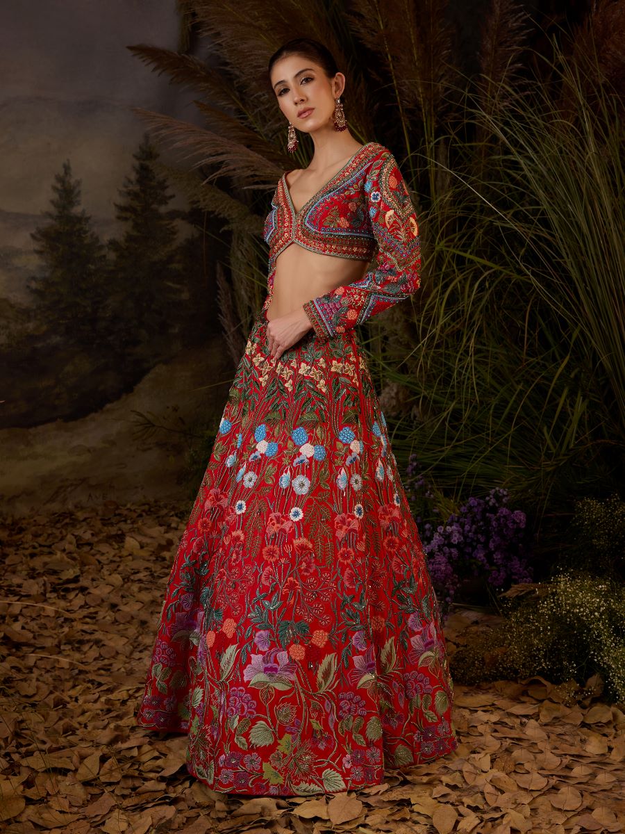 A red organza & cotton silk lengha with v neck line - samantchauhan Apparel & Accessories