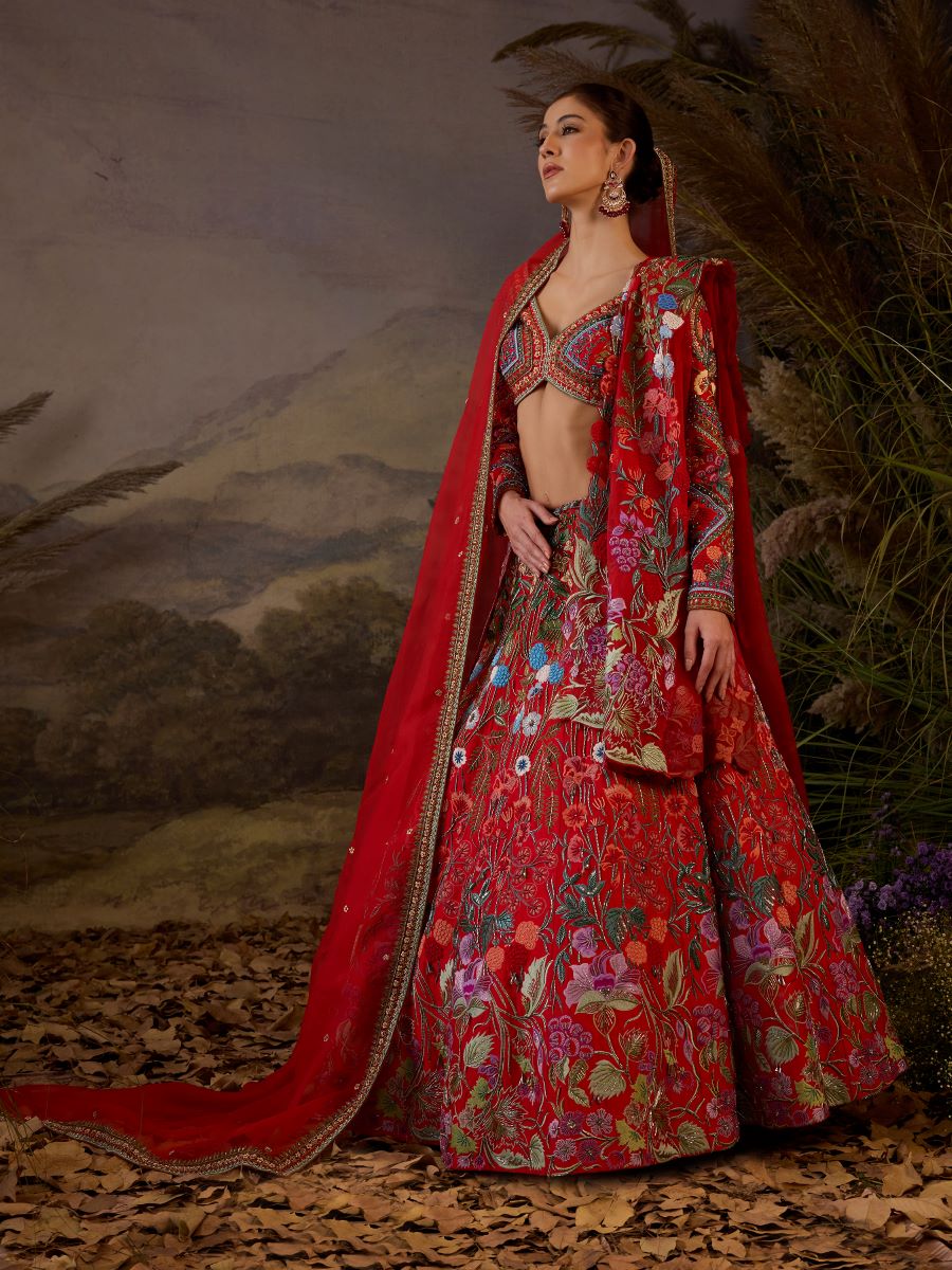 A red organza & cotton silk lengha with v neck line - samantchauhan Apparel & Accessories