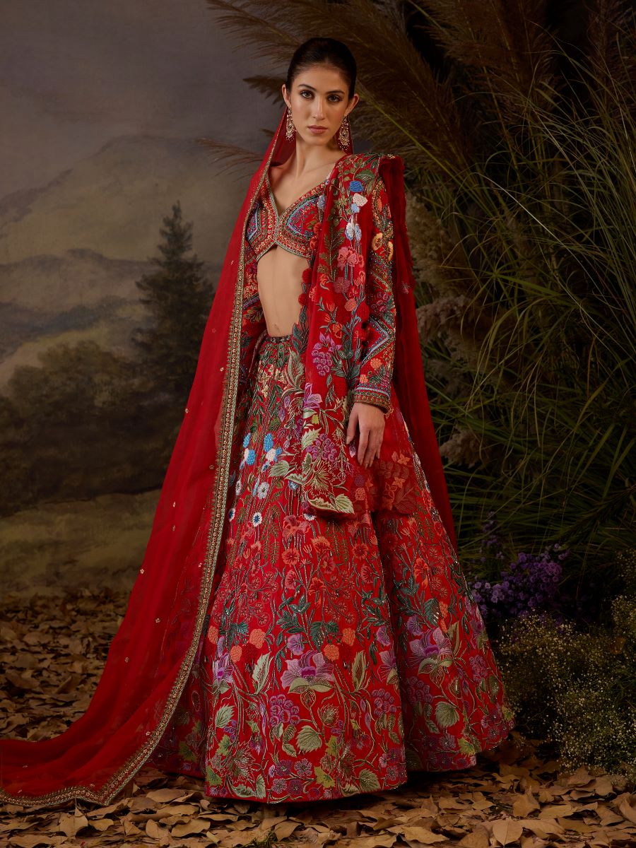 A red organza & cotton silk lengha with v neck line - samantchauhan Apparel & Accessories