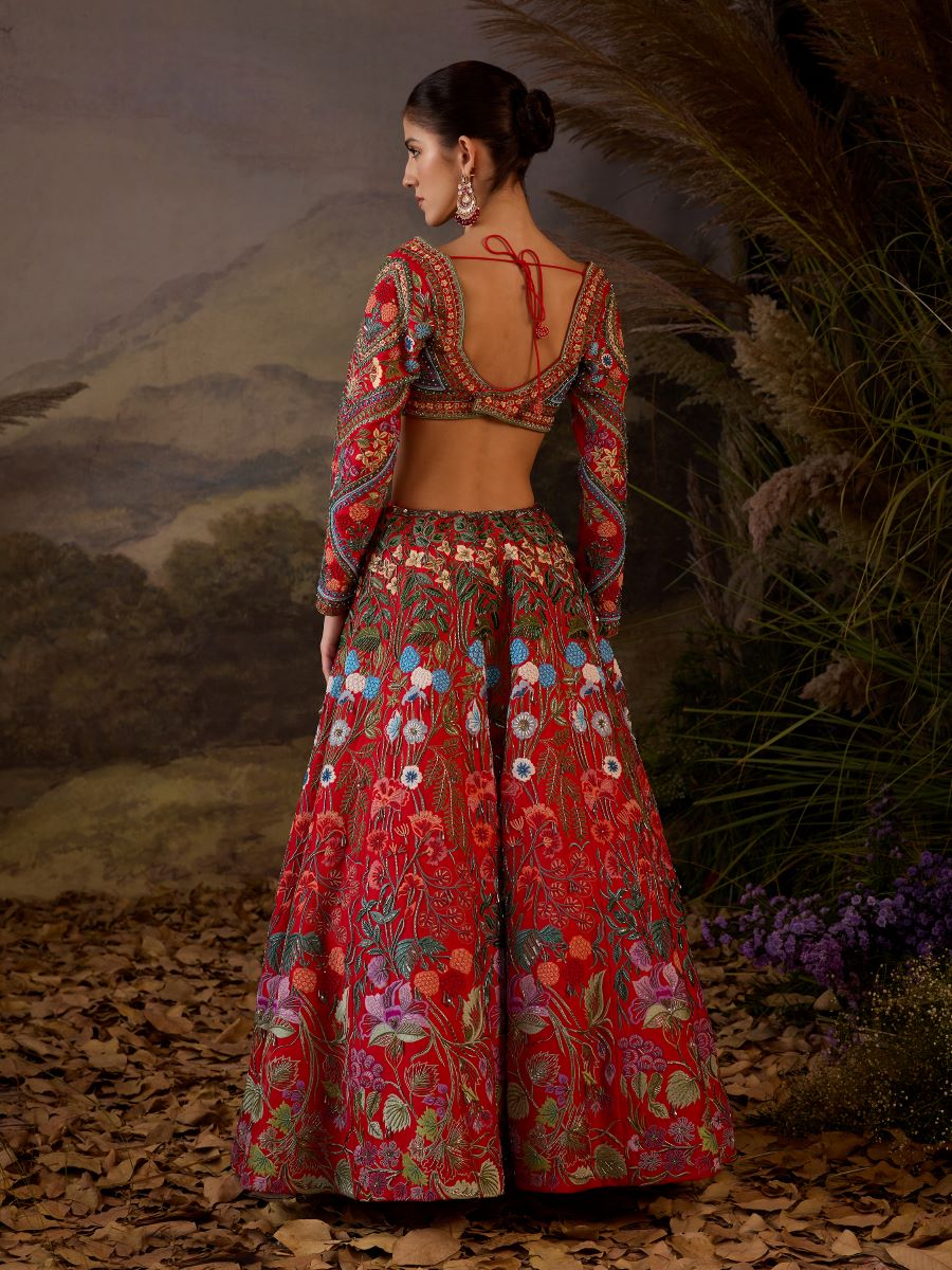 A red organza & cotton silk lengha with v neck line - samantchauhan Apparel & Accessories