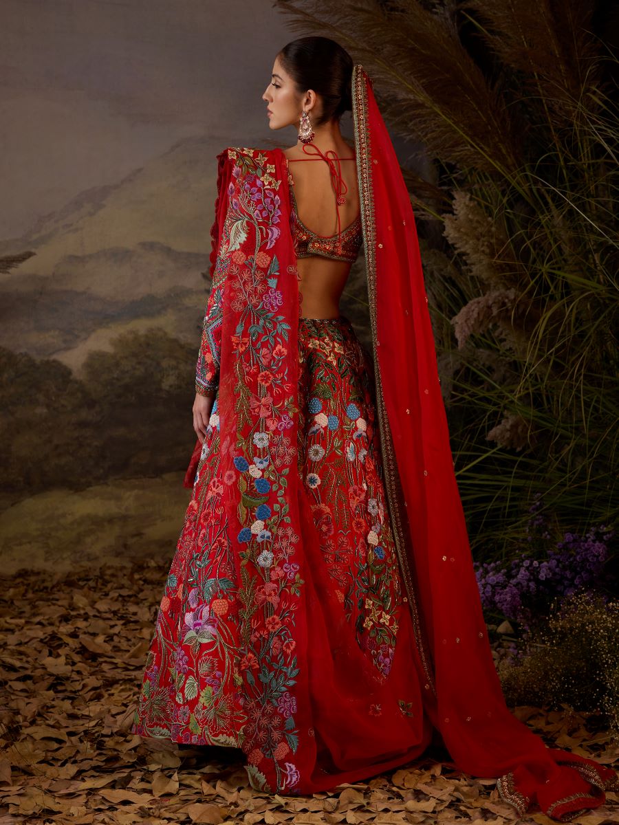 A red organza & cotton silk lengha with v neck line - samantchauhan Apparel & Accessories
