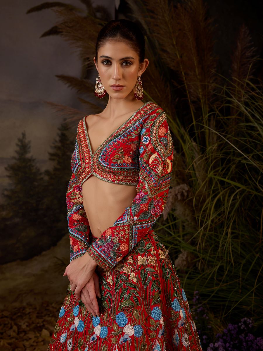 A red organza & cotton silk lengha with v neck line - samantchauhan Apparel & Accessories