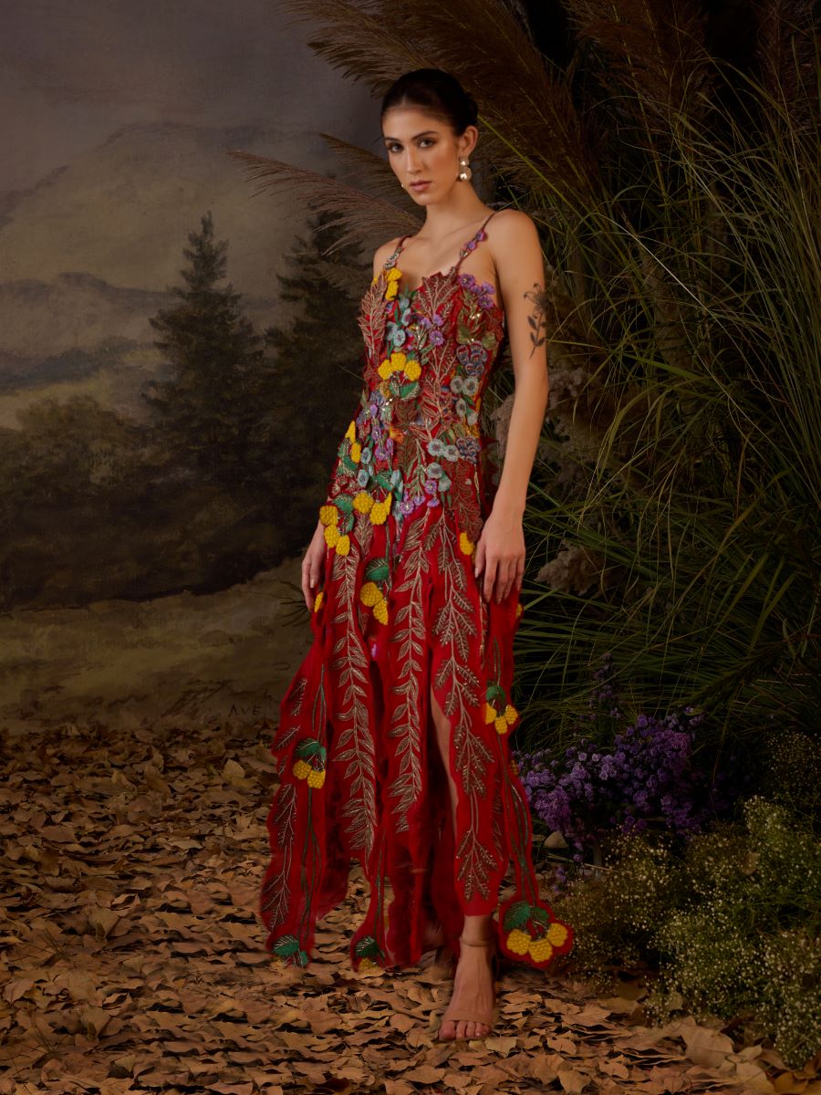 A red organza silk gown with off - shoulder neck line - samantchauhan Apparel & Accessories